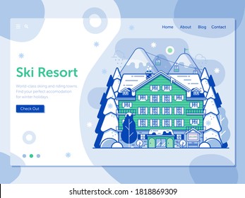 Skiing resort landing page template with ski hotel, funiculars and Alps mountain landscape in line flat design. Winter holidays in mountains web banner with snow slopes, vacation villa and funiculars.