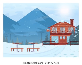Skiing resort landscape. Winter vilage cafe and ski lift on the background. Snowy hills and forest scenery. Beautiful nature in snow, december freezing weather. Flat vector illustration