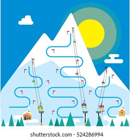 Skiing resort with the lifts, flags, tracks, houses. Winter mountains. Vector illustration.