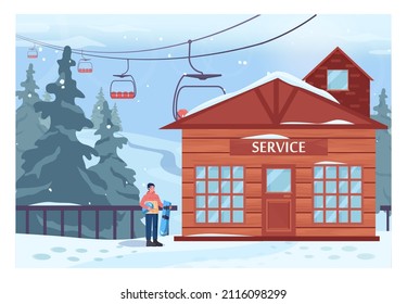 Skiing resort service. Male character holding broken snowboard equipment. Winter vilage, snowy hills and forest scenery. Beautiful nature in snow, december freezing weather. Flat vector illustration