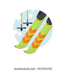 Skiing Round Sticker In Minimalistic Bright Colorful Flat Vector Design Isolated On White Background