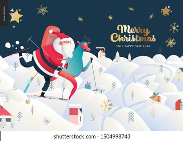 Skiing Santa Claus - Christmas billboard - modern flat vector concept illustration of cheerful Santa Claus and a deer wearing a sweater skiing on snow-covered landscape, stars and snow golden elements