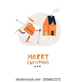 Skiing Santa Claus. Christmas greeting card or invitation template. Modern flat vector illustration. 