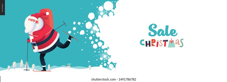 Skiing Santa Claus - Christmas sale web banner - modern flat vector concept illustration of cheerful Santa Claus skiing with a gift bag on the snow-covered landscape, stars and snow golden elements