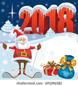 Skiing Santa Claus in New Year 2018 with gifts and christmas decoration
