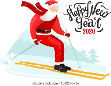 Skiing Santa Claus on mountains background. Vector illustration with Christmas character. Happy New Year 2020 poster with lettering or typography. 