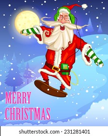 Skiing Santa at Holy Christmas Night  in vector