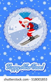Skiing Santa illustraton on the slope mountain