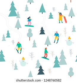 Skiing seamless pattern with people skiing and snowboarding in the snow forest in vector. Winter season background people vector illustration flat design