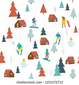 Skiing seamless pattern with people skiing and snowboarding in the snow forest in vector. Winter season background people vector illustration flat design
