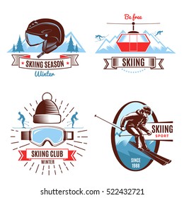 Skiing season emblems with funicular persons and mountain sports gear and design elements isolated vector illustration