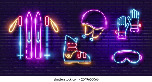 Skiing set neon icon. Skis, ski poles, glasses, helmet, boots and gloves glowing sign. Vector illustration for design. Sports concept.