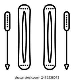 Skiing sign, two skis and ski poles, black line icon. Vector monochrome illustration, editable stroke
