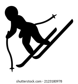 Skiing. Silhouette. The athlete descends from the mountain slope. An athlete in goggles and a helmet pushes off with ski poles. Vector icon. Isolated background. Idea for web design.