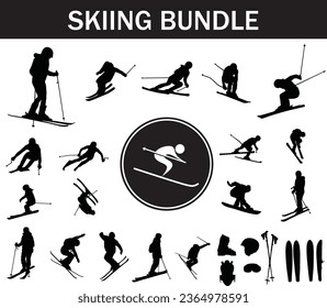 Skiing Silhouette Bundle | Collection of Skiing Players with Logo and Skiing Equipment