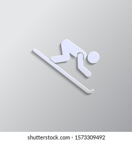 Skiing silhouette paper style, vector icon. Grey color vector background