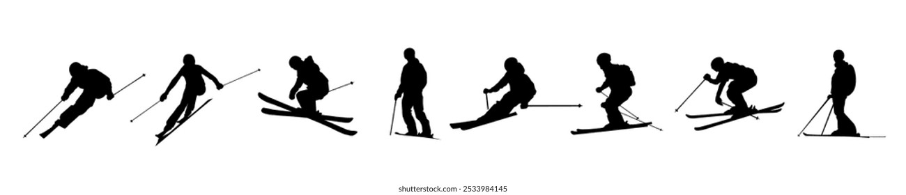 Skiing silhouette. Ski silhouette set.