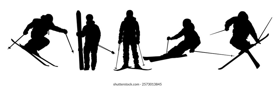 Skiing silhouette. Ski silhouette set.vector illustration on white background