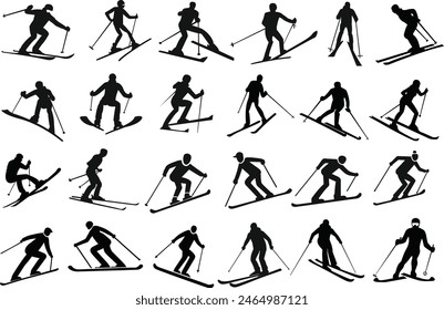 Skiing silhouette vectors. Skier silhouette vector illustrations.