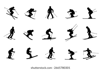 Conjunto de Vector de siluetas de esquí sobre fondo blanco