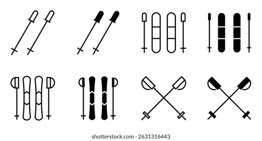 Esqui, esqui, conjunto de ícone de polo de esqui