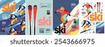 Skiing. Ski. Vector sport illustration of skier, alpine skis, ski race, equipment, snow mountain for poster, background, cover or flyer