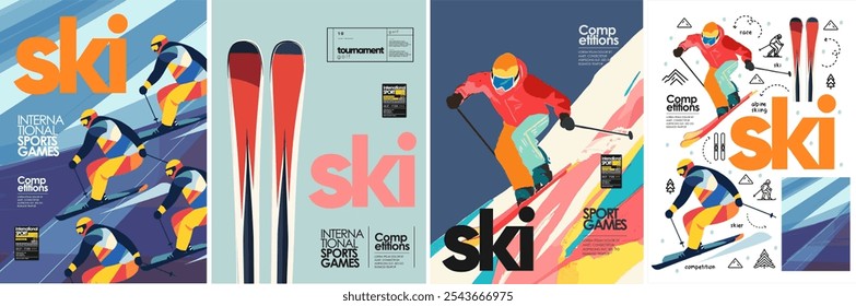 Skiing. Ski. Vector sport illustration of skier, alpine skis, ski race, equipment, snow mountain for poster, background, cover or flyer