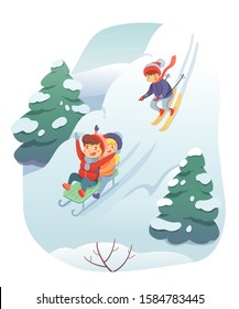 Skiing and sledding flat vector illustration. Snow hills landscape. Children on sled and skis cartoon characters going down mountain. Happy entertaining kids. Active rest, winter leisure concept