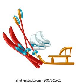 Skiing, sledging and skating for fun outdoor activities. Winter sport stylized illustration. Merry Christmas holiday and vacation.