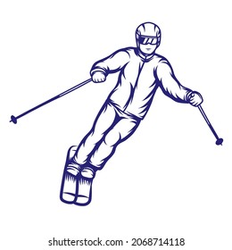 Skiing or snow boarding vector illustration, hand drawn style. Young man skiing in the snow, winter. Vector line art.