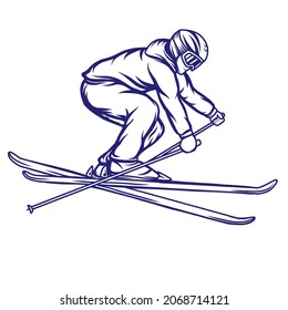 Skiing or snow boarding vector illustration, hand drawn style. Young man skiing in the snow, winter. Vector line art.