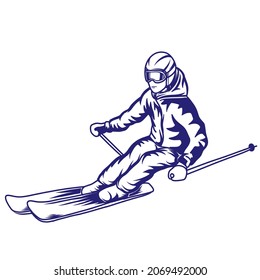 Skiing or snow boarding vector illustration, hand drawn style. Young man skiing in the snow, winter. Vector line art.