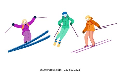 skiing snow winter vector. mountain sport, extreme travel, season cold, white ski, skier lifestyle skiing snow winter character. people flat cartoon illustration
