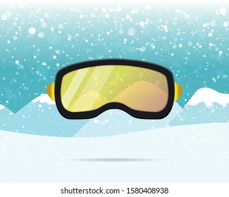 Skiing and snowboard yellow protective mask goggles, winter glasses activity equipment. Extreme sport stock vector illustration on snowy mountain background.