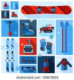 Skiing and snowboarding equipment icons set with elements of clothing shoes and accessories in flat shadow design style vector illustration 
