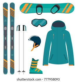 Skiing and snowboarding equipment, set. Skis, ski poles, snowboard, helmet, glasses, boots, jacket. Winter equipment icons Vector illustration in flat style