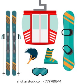 Skiing and snowboarding equipment, set. Skis, ski poles, snowboard, helmet, glasses, boots, ski lift cabin. Winter equipment icons. Vector illustration in flat style