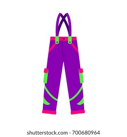 Skiing, snowboarding feather pants, winter sport clothes, flat style vector illustration isolated on white background. Flat vector skiing, snowboarding pants, trousers, colorful illustration