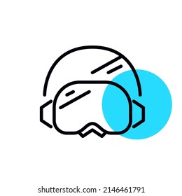 Skiing and snowboarding goggles and helmet. Extreme snow sport protective gear. Pixel perfect, editable stroke geometric icon