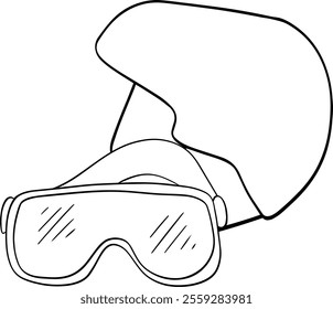 Gafas de esquí y snowboard, gafas de sol y casco. Ropa protectora deportiva de nieve extrema. Composición de ilustración de línea gráfica de Vector
