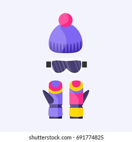 Skiing, snowboarding mask and gloves, goggles, eyewear and knitted beanie hat, flat vector illustration isolated on background. Flat vector skiing, snowboarding beanie