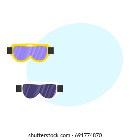 Skiing, snowboarding mask, goggles, eyewear, protective eye glasses, flat style vector illustration. Flat vector skiing, snowboarding mask, goggles, protective eyewear with space for text.