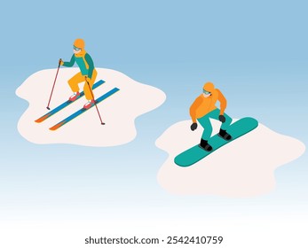 Skiing and Snowboarding on Snow Patches 3d isometric vector illustration