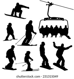 Skiing, snowboarding people and ski lift vector silhouettes set