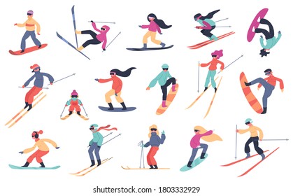 Skiing snowboarding people. Winter sport activities, young people on snowboard or ski, extreme mountain sports isolated vector illustration set. Extreme snowboard, sport ski and snowboarding