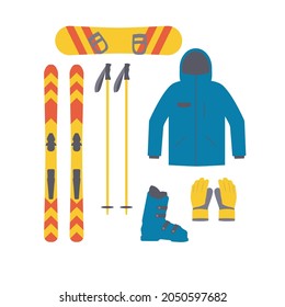 Equipo de esquí y snowboard. Colección de deportes de invierno. Elementos para la foto de la estación de esquí, actividades de montaña. Estilo plano. Ilustración vectorial aislada 