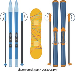 Skiing and snowboarding. A set with images of cross-country skiing, snowboarding and downhill skiing. Sports equipment for sports and outdoor activities. Vector illustration on a white background