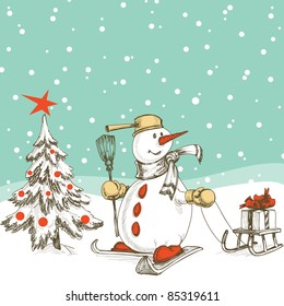 Skiing snowman with sledge, gift and Christmas tree