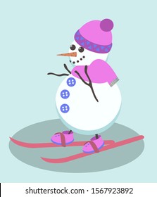 Skiing snowman vector. Christmas snowman illustration. 