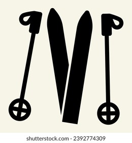 Skiing solid icon. Ski equipment glyph style pictogram on beige background. Skiing gear skis and sticks for mobile concept and web design. Vector graphics